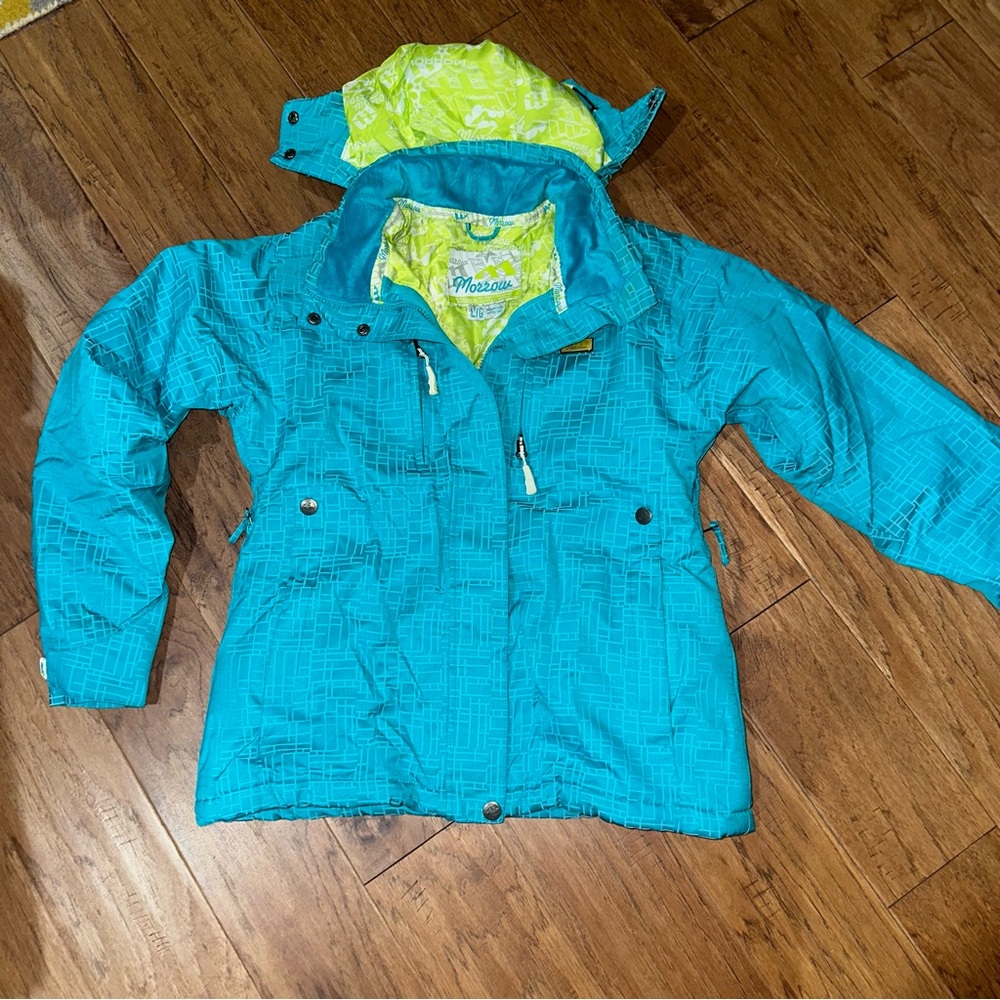 VTG 90s Morrow Womens Ski Snow Jacket Teal Abstract Square Pattern Neon Green, L
